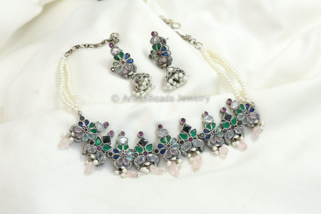 Sitara Silver Look Oxidized Necklace Set - Multi