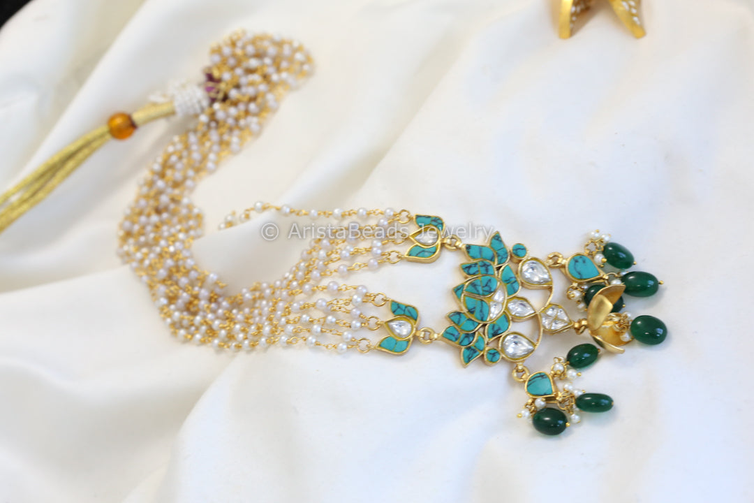 Lotus Kundan Jadau Necklace - Turquoise