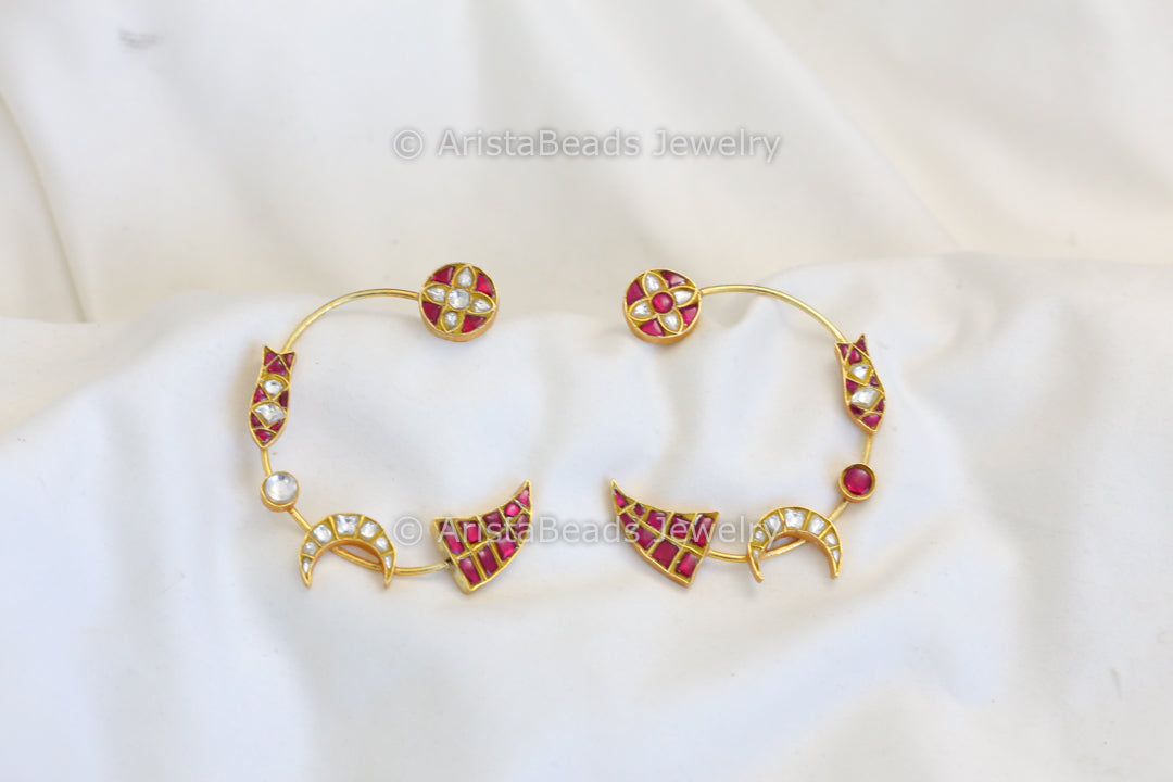 Contemporary Jadau Kundan Crescent Chandbaali  - Ruby