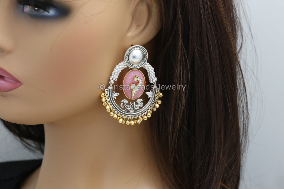 Dual Tone Carved Stone Earrings - Pink