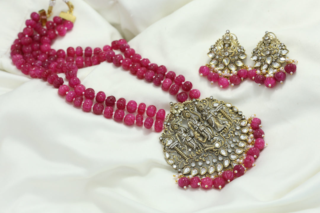 Victorian Rama Parivar Polki Necklace Set - Melon Beads