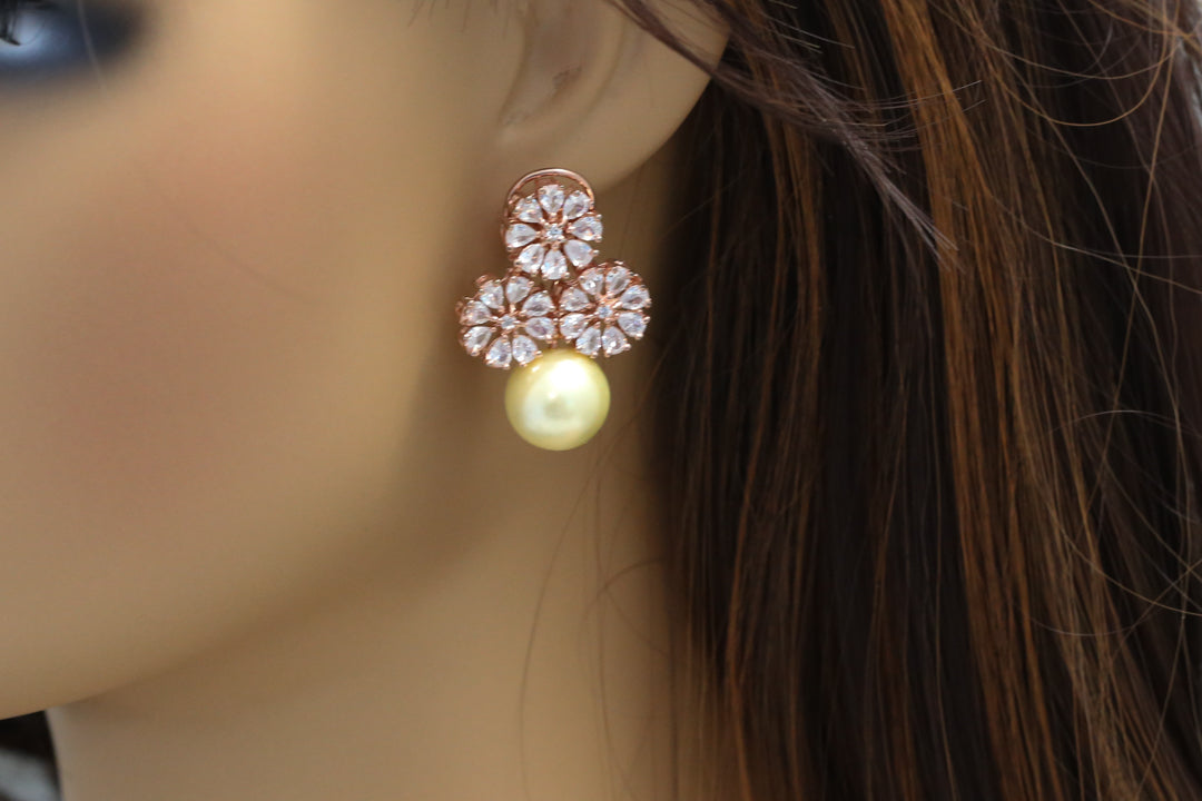 Rose Gold CZ Pearl Earrings