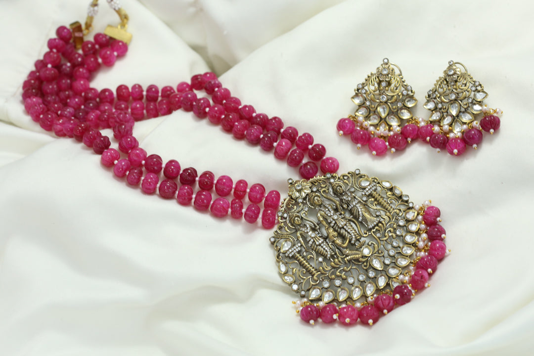 Victorian Rama Parivar Polki Necklace Set - Melon Beads