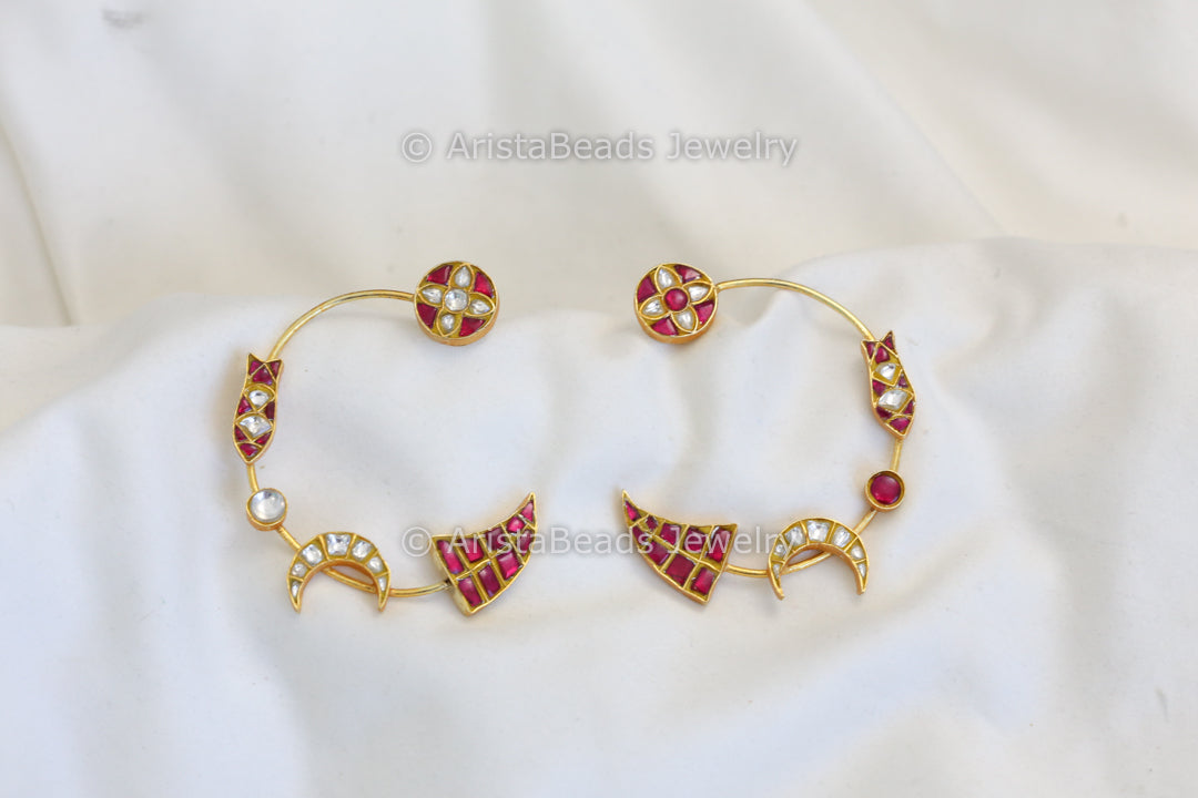 Contemporary Jadau Kundan Crescent Chandbaali  - Ruby