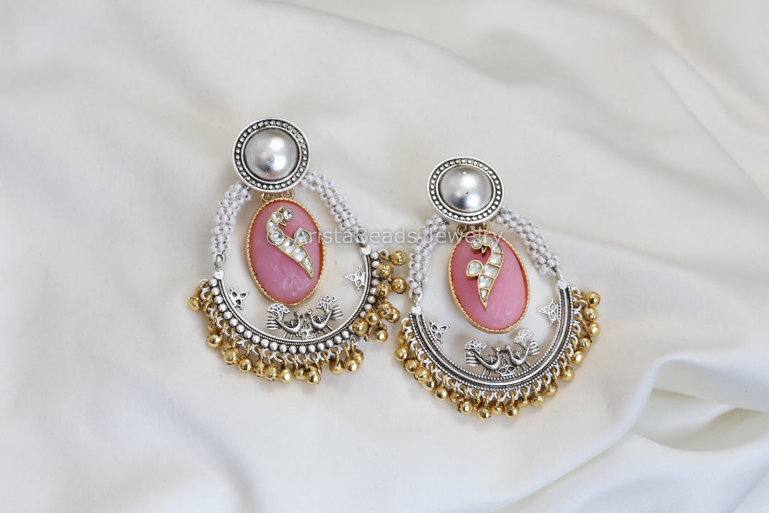 Dual Tone Carved Stone Earrings - Pink