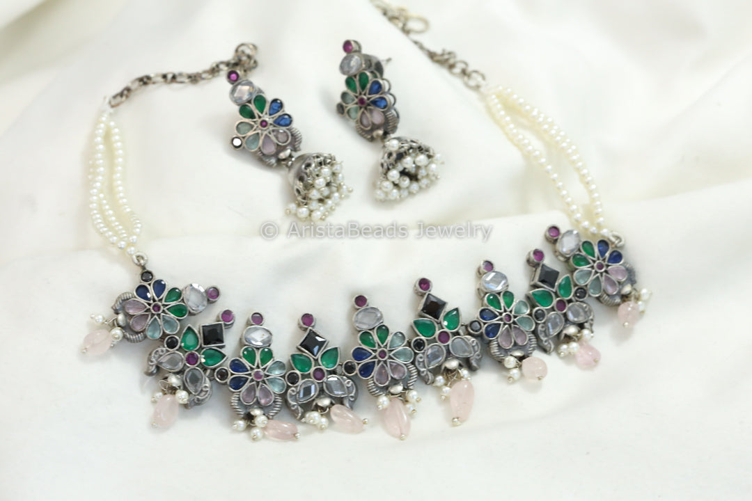 Sitara Silver Look Oxidized Necklace Set - Multi