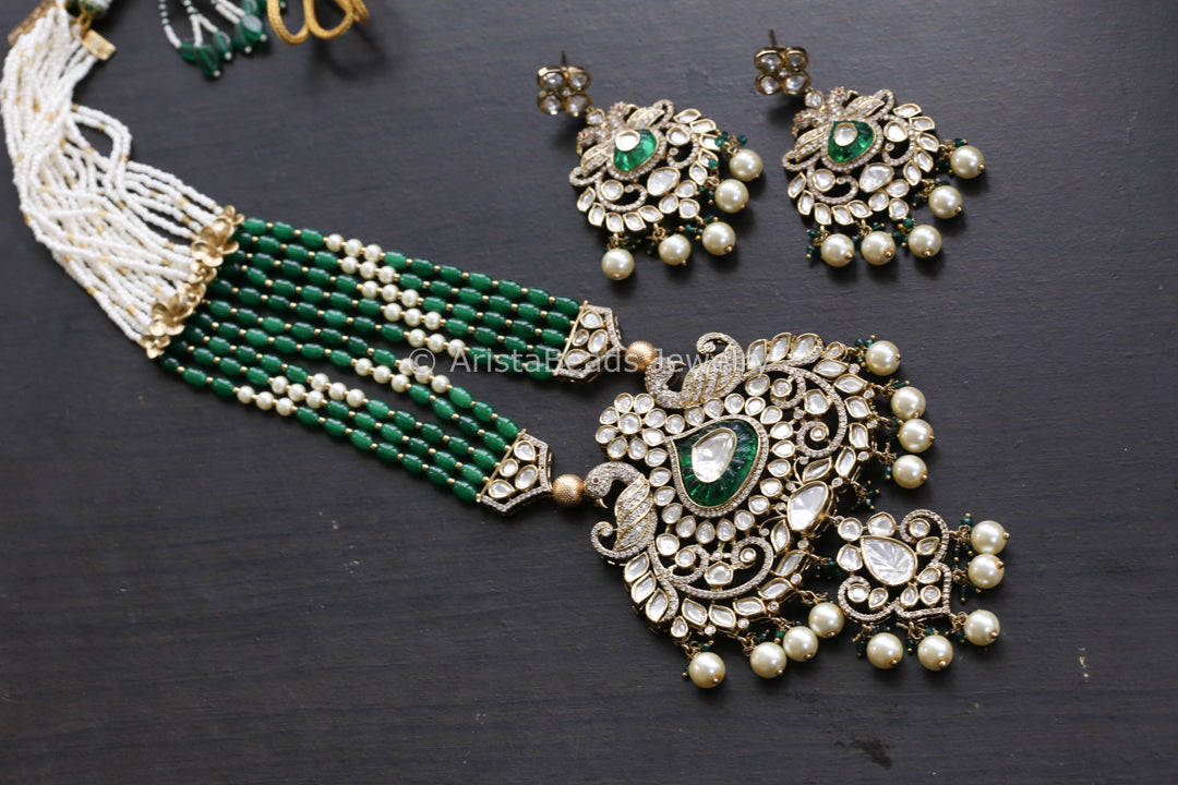 Premium Moissanite Look Polki Kundan Necklace Set - Green