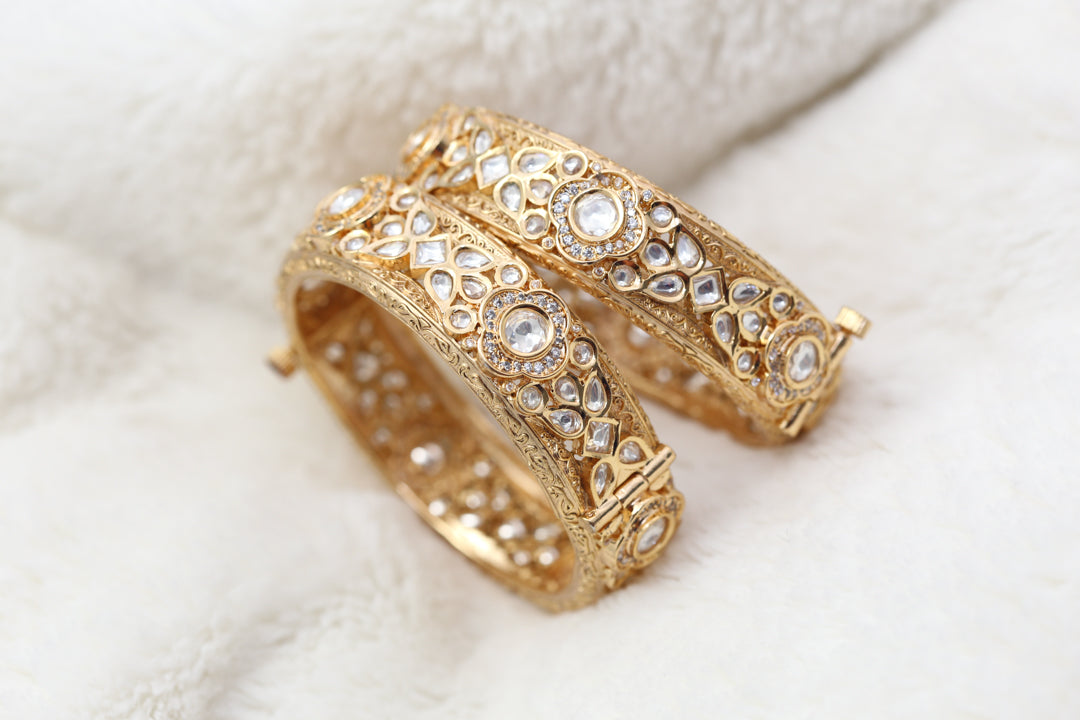 Matt Antique Gold Polki Bangle Set - Clear (2.2 & 2.4 Openable)