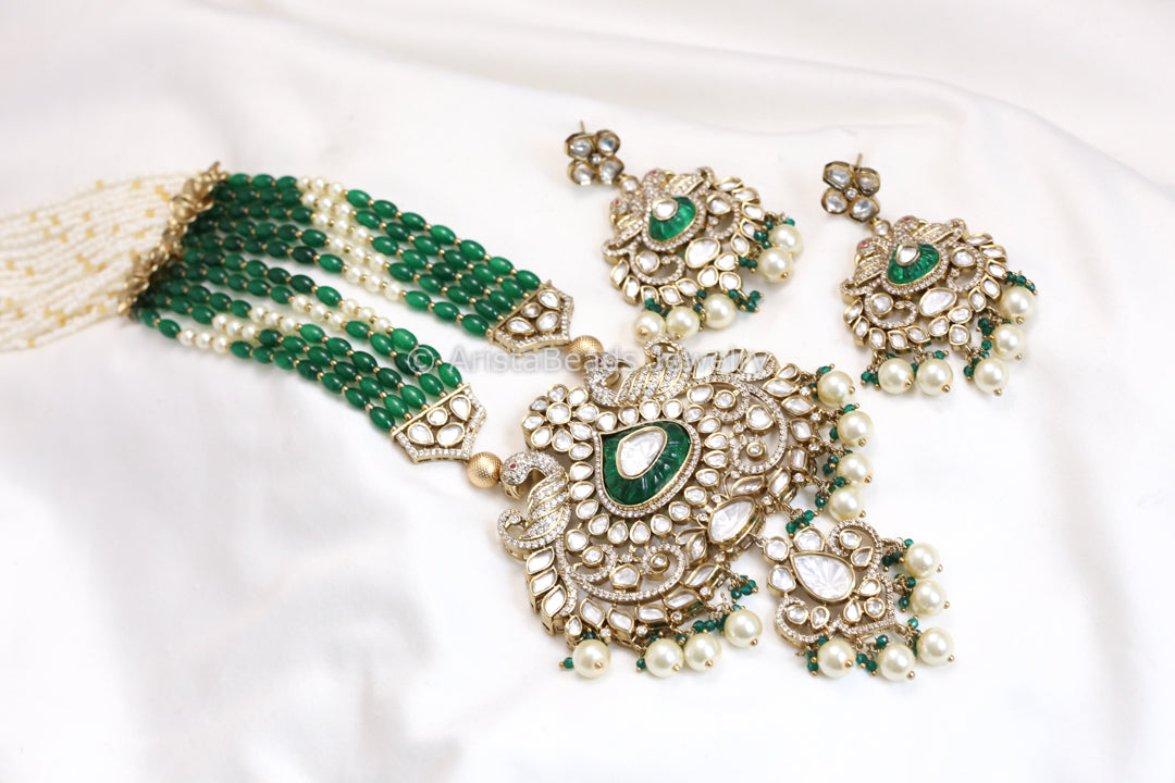 Premium Moissanite Look Polki Kundan Necklace Set - Green