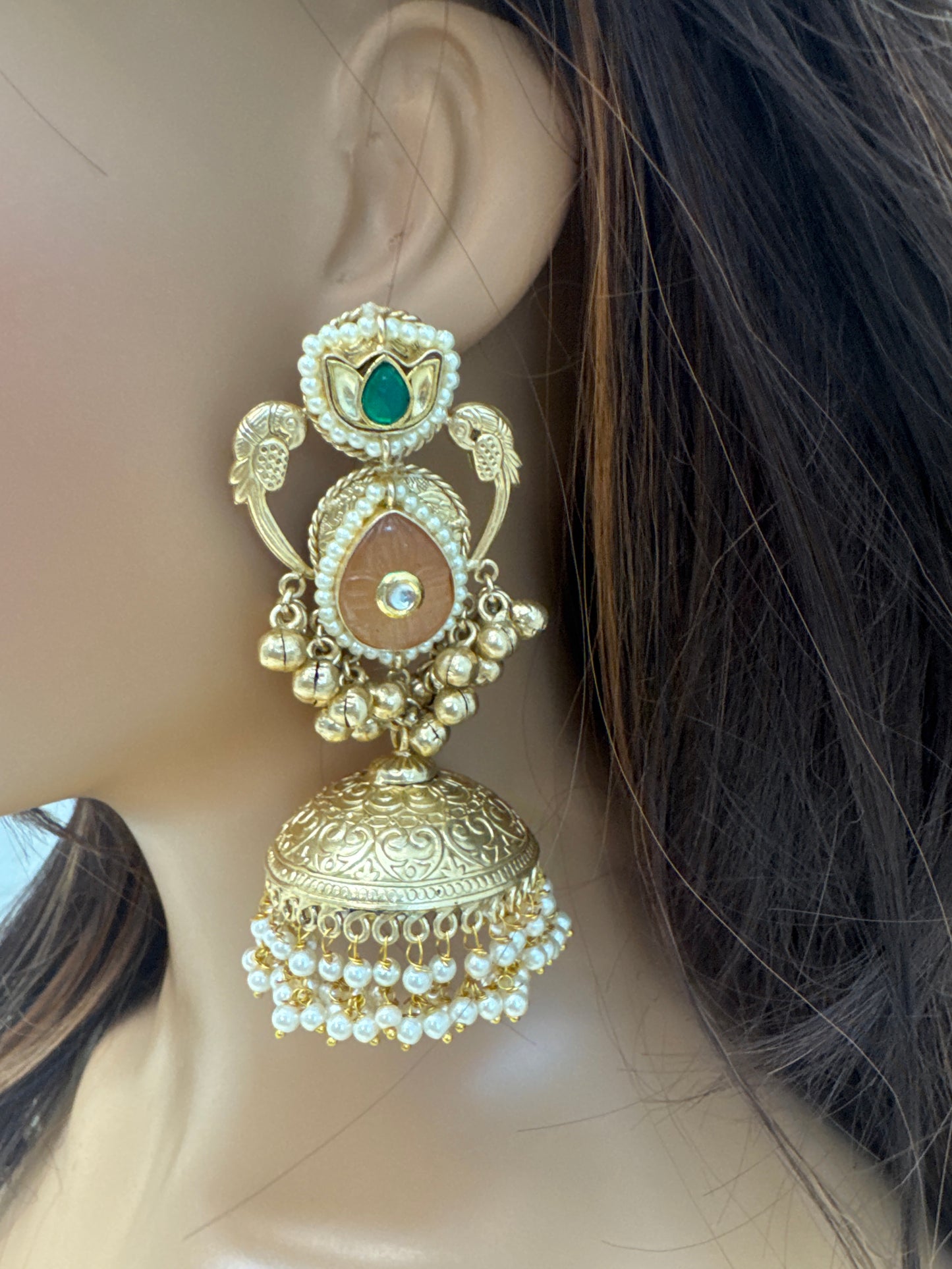 Large Fusion Carved Stone Kundan Jhumka (101-16)