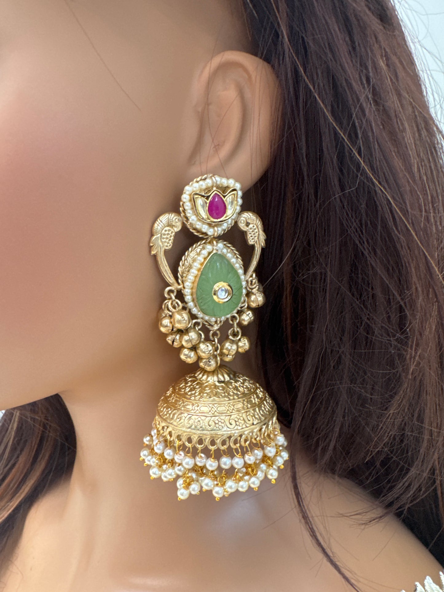 Large Fusion Carved Stone Kundan Jhumka (101-16)