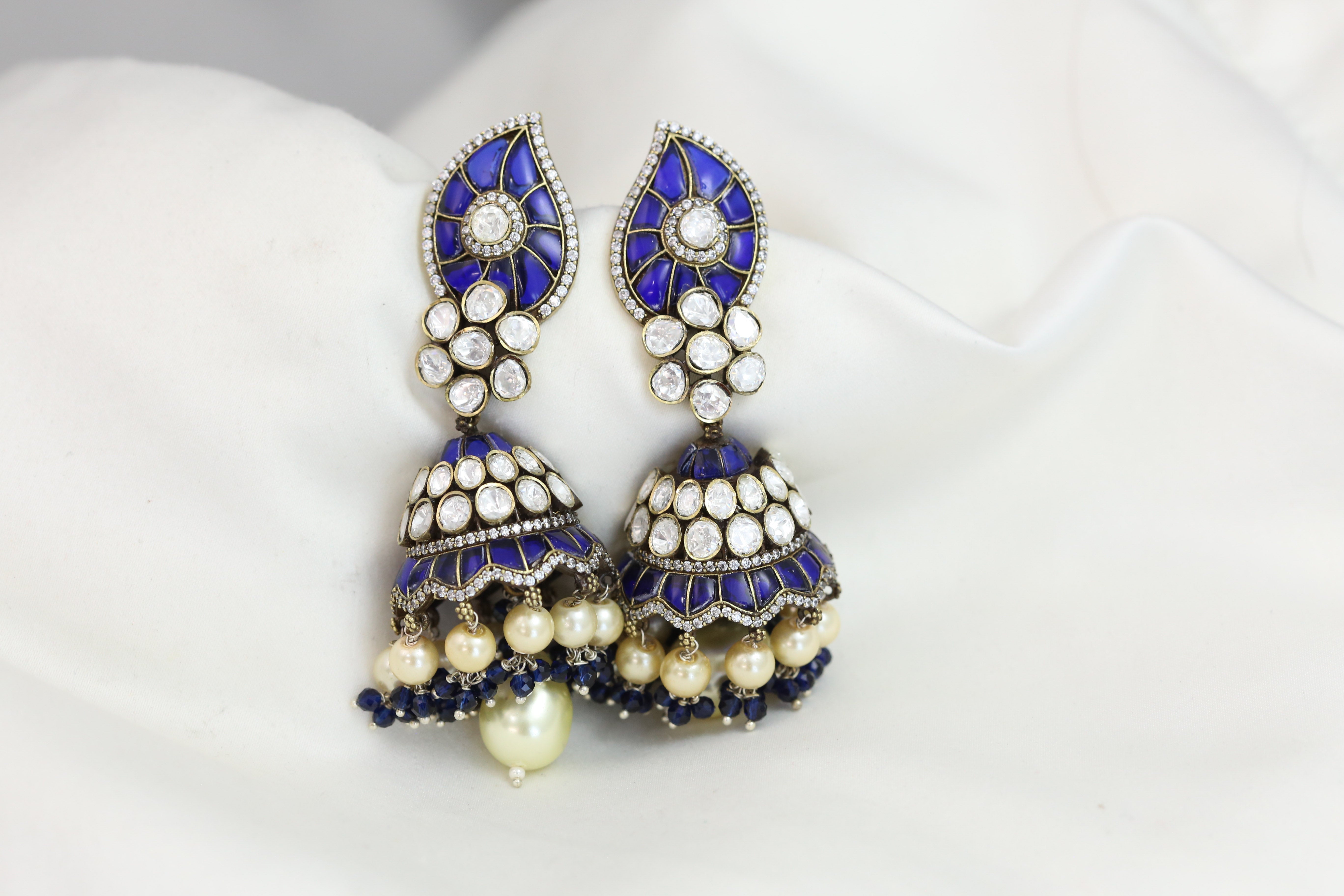 Mahi Beautifully Dark Green Emelled Pearl Drop Ethnic Floral Jhumka Ea