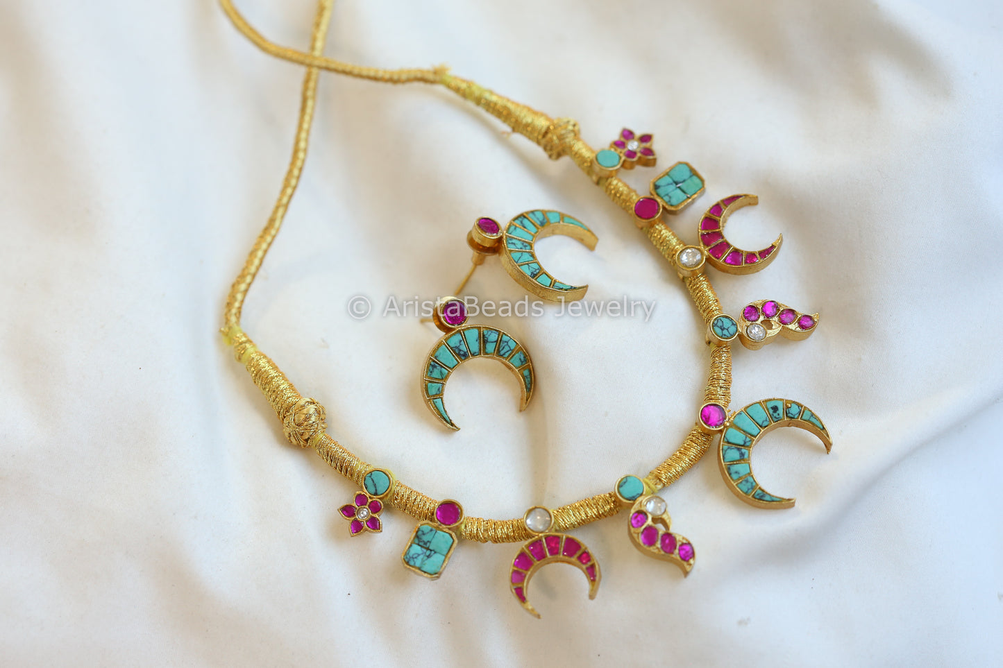 Chandrika Jadau Kundan Thread Necklace Set - Turquoise Ruby (103-32)