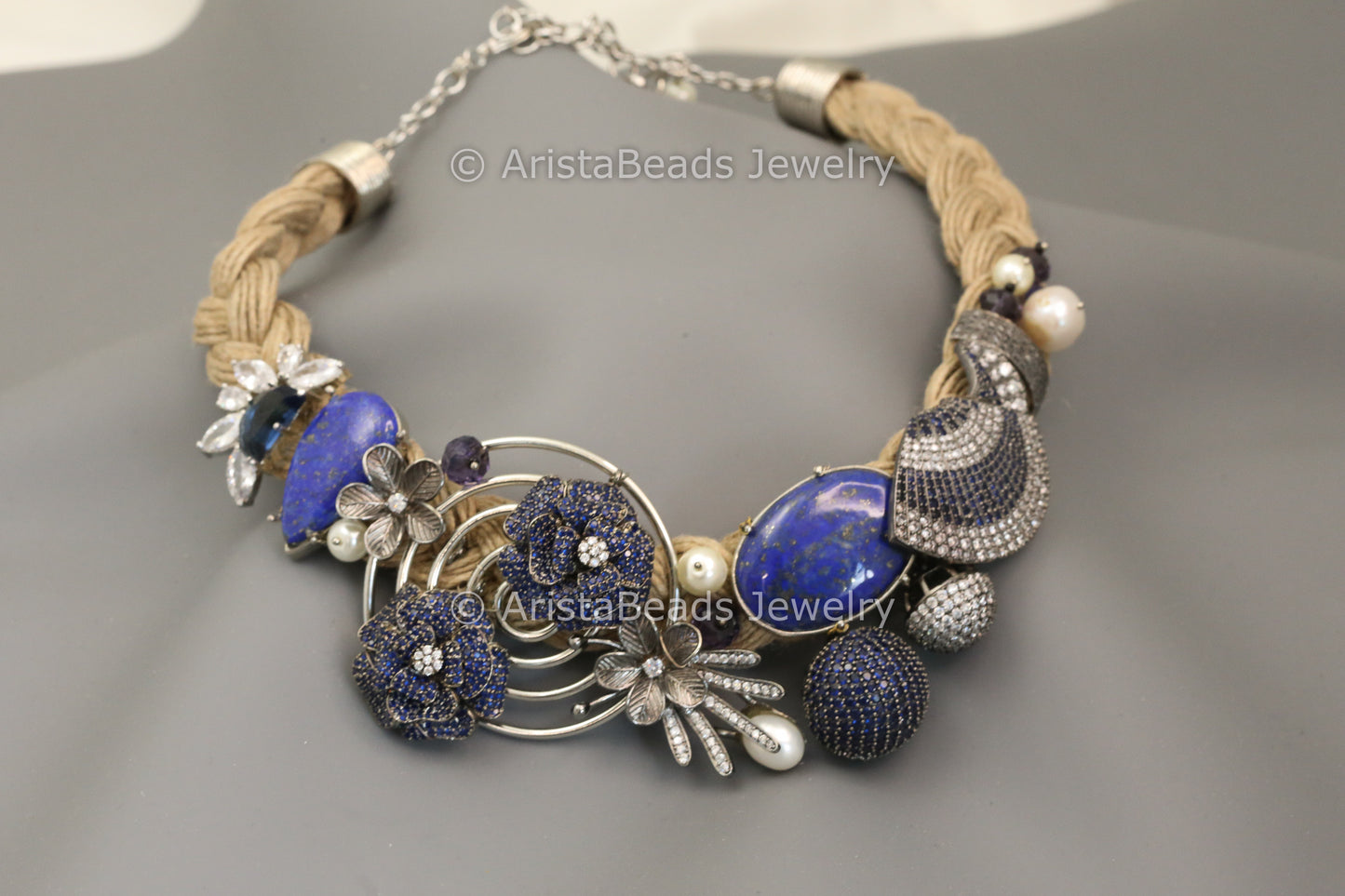 Designer Lapis, Freshwater Pearls & CZ Necklace