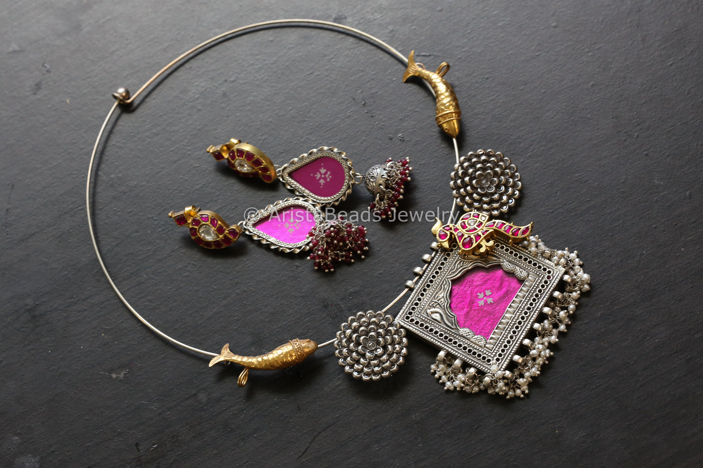 Unique 925 Silver Kundan Jharoka Necklace Set