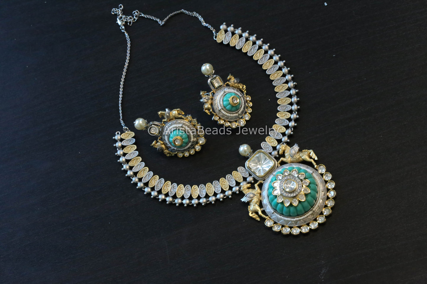 Premium Quality Dual Tone Polki & Carved Stone Set-Turquoise (103-54)