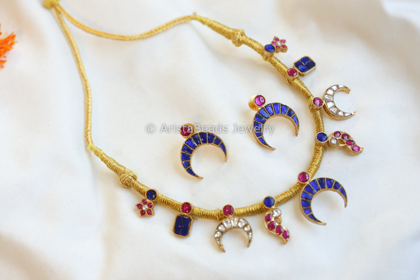 Chandrika Jadau Kundan Thread Necklace Set - Ruby Blue  (103-31)