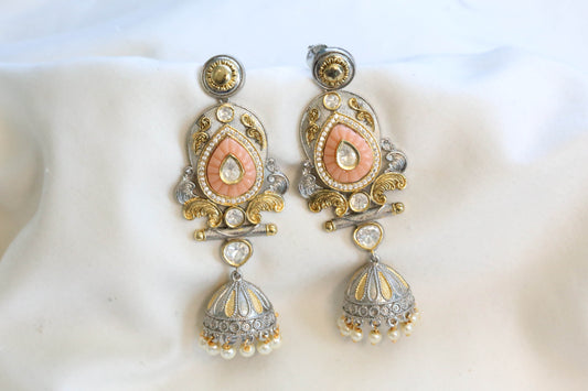 Roshini Dual Tone Carved Stone Jhumka -Coral(101-48)