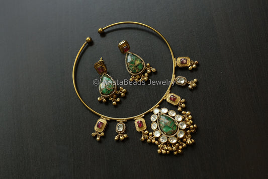 Premium Mosaic Doublet &  Uncut Kundan Hasli Set (103-23)