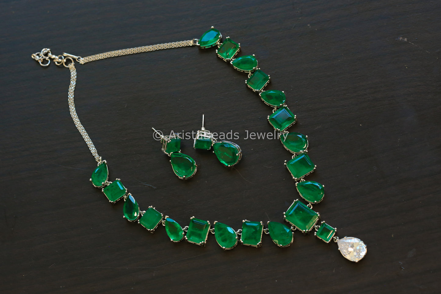 Silver Finish Green Doublet Necklace Set  (103-37)