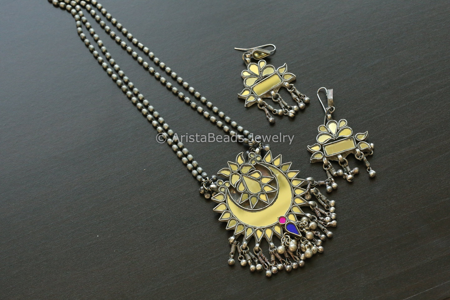 Gold  Real Glass Oxidized Necklace Set (T102-12)