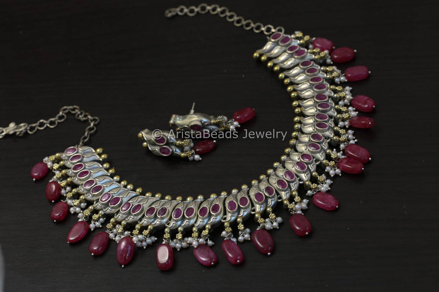 Sutlara Look Alike Dual Tone Necklace Set - Ruby