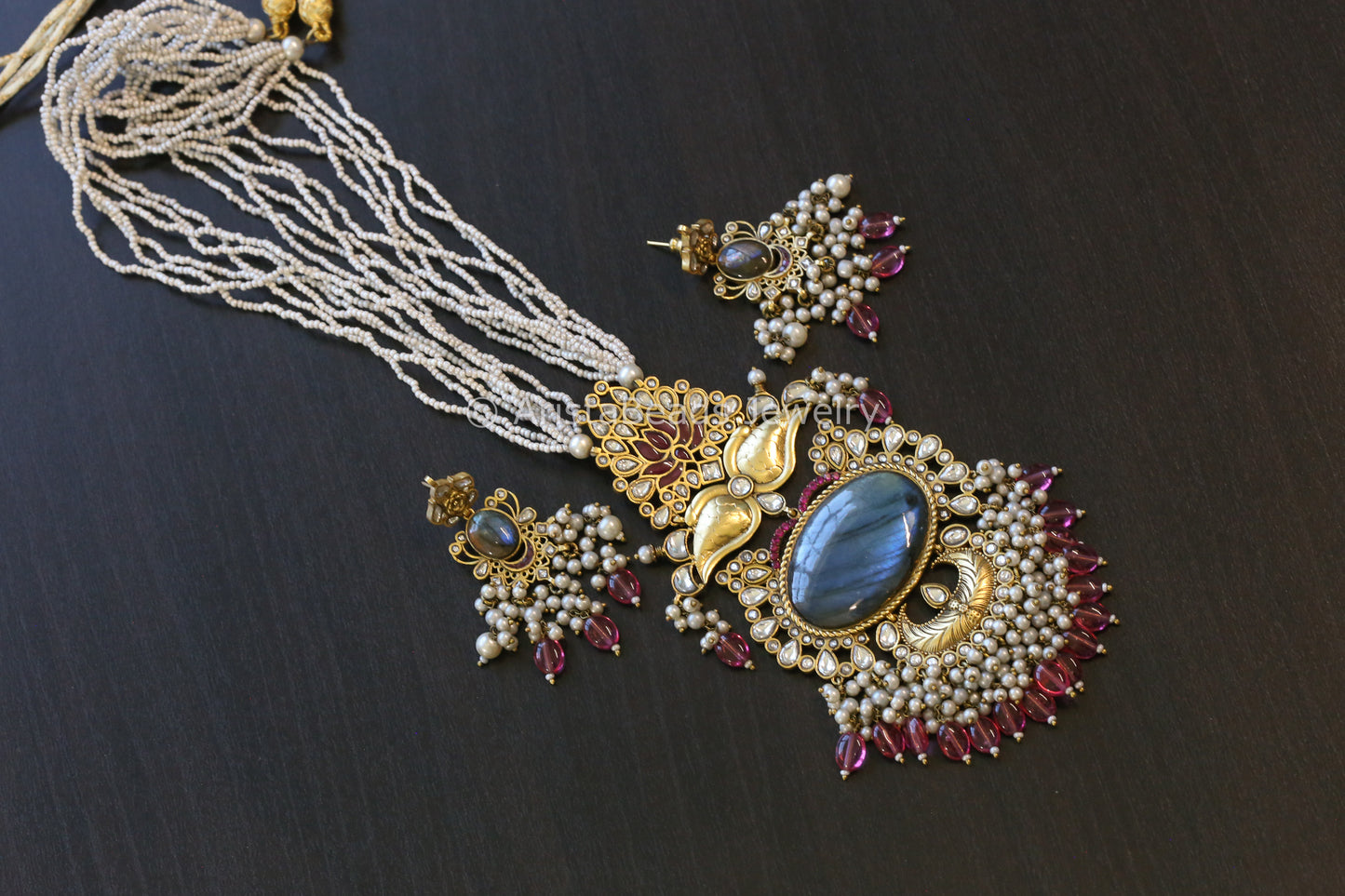 Real Labradorite Jadau Kundan Necklace Set