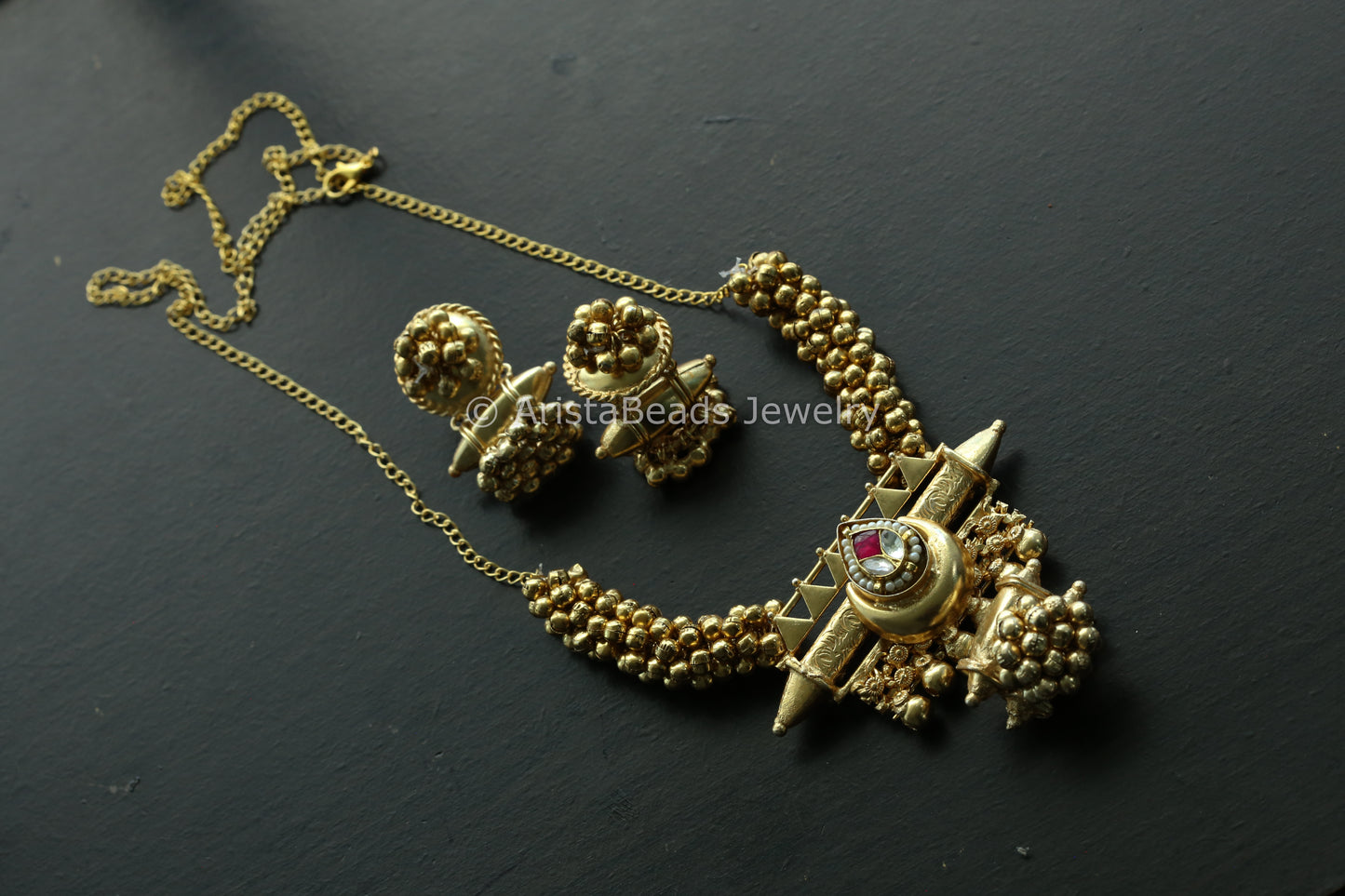 Gold Ghungroo Kundan Motif Set -Ruby