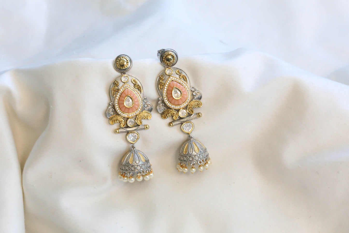 Roshini Dual Tone Carved Stone Jhumka -Coral(101-48)