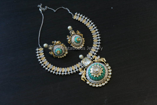 Premium Quality Dual Tone Polki & Carved Stone Set-Turquoise (103-54)