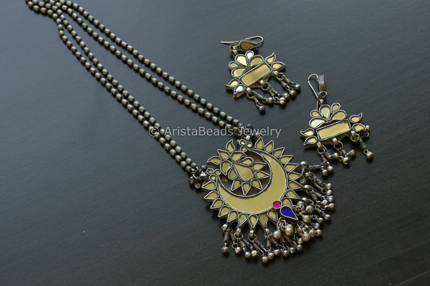 Gold  Real Glass Oxidized Necklace Set (T102-12)