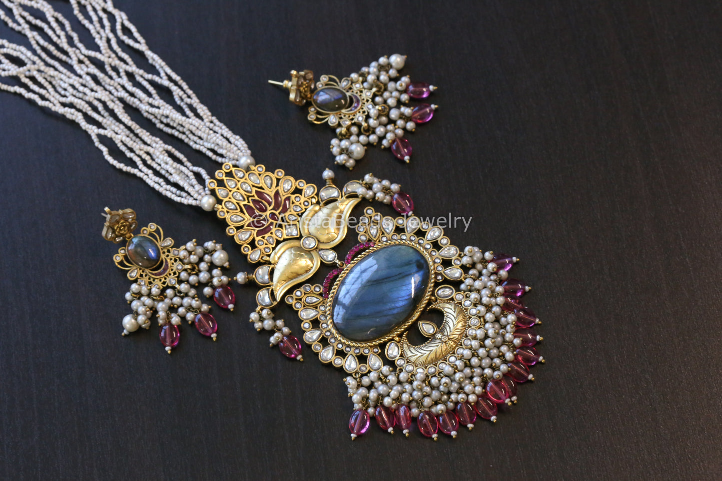 Real Labradorite Jadau Kundan Necklace Set