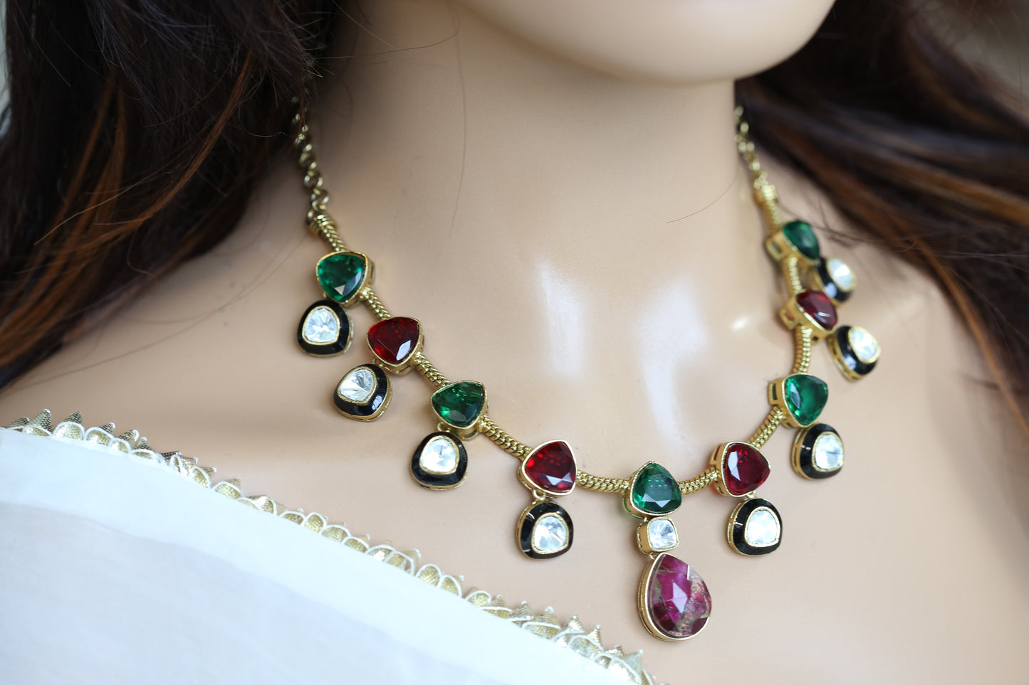 Polki Kundan, Enamel  & Marble Doublet Set - Red Green (103-16)