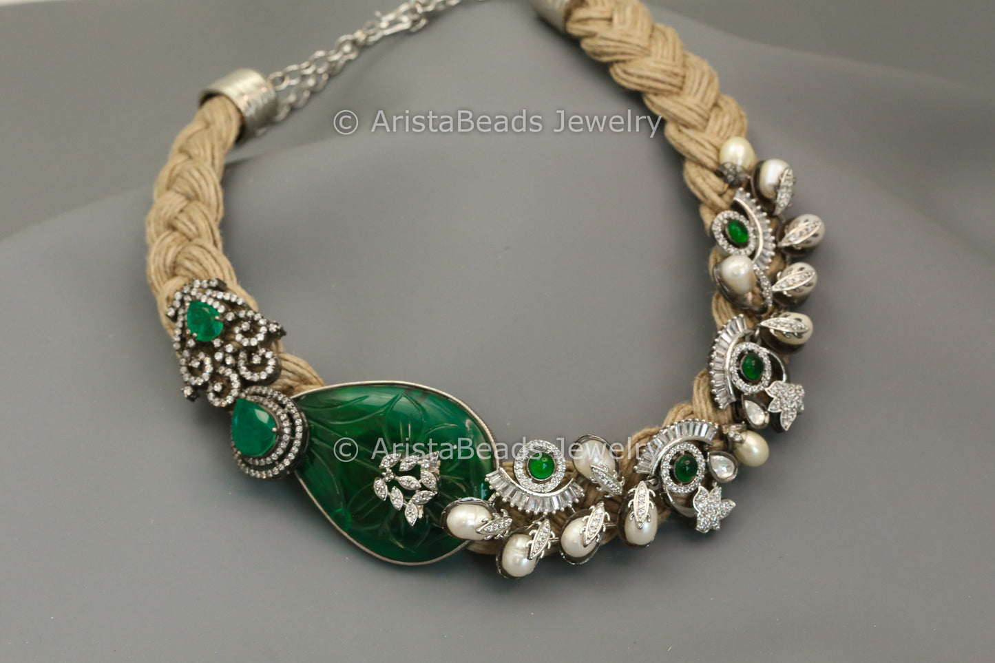 Designer Carved Onyx, Pearls & CZ Necklace