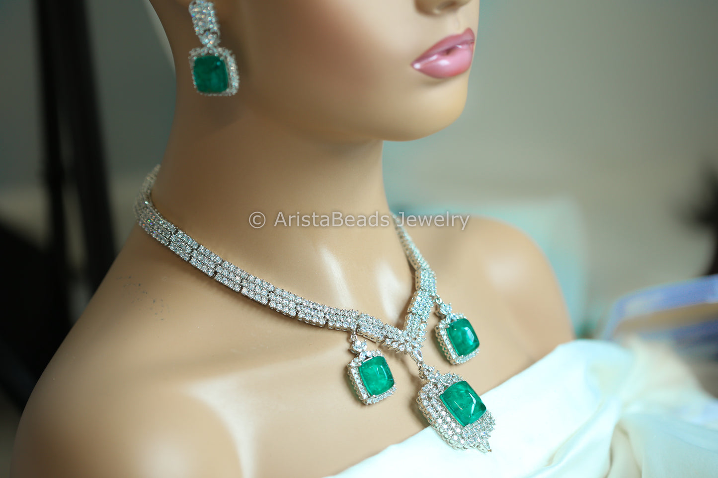 Contemporary CZ & Green Doublet Necklace Set (102-37)