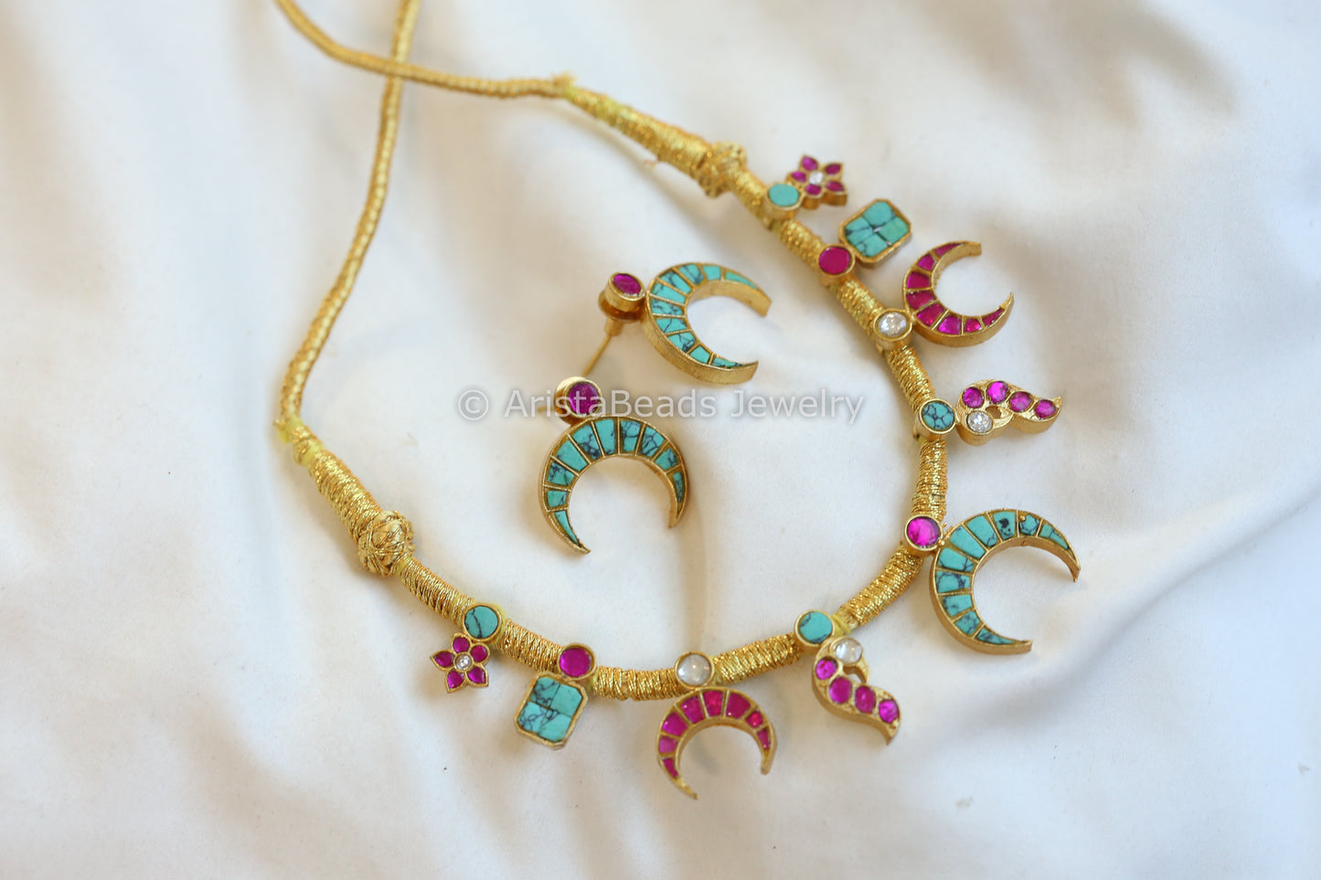 Chandrika Jadau Kundan Thread Necklace Set - Turquoise Ruby (103-32)