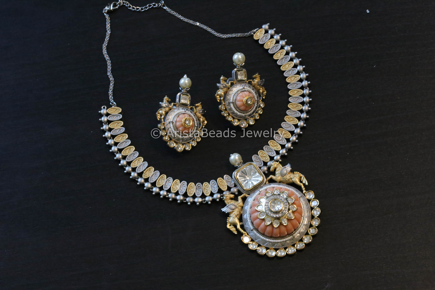 Premium Quality Dual Tone Polki & Carved Stone Set- Coral (103-53)