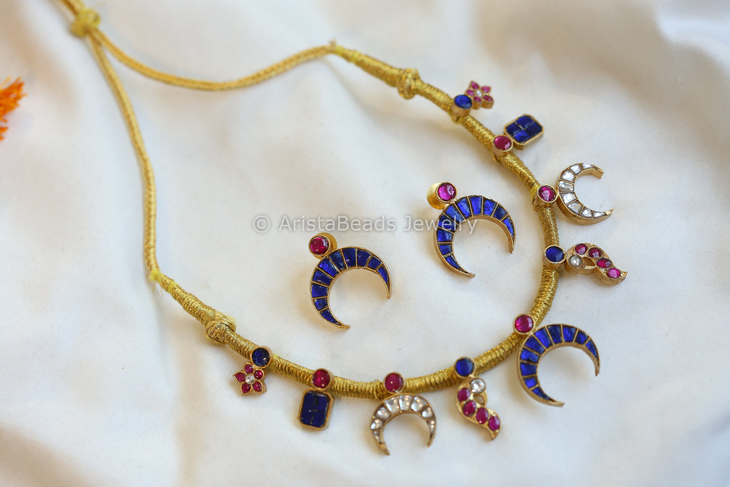 Chandrika Jadau Kundan Thread Necklace Set - Ruby Blue  (103-31)