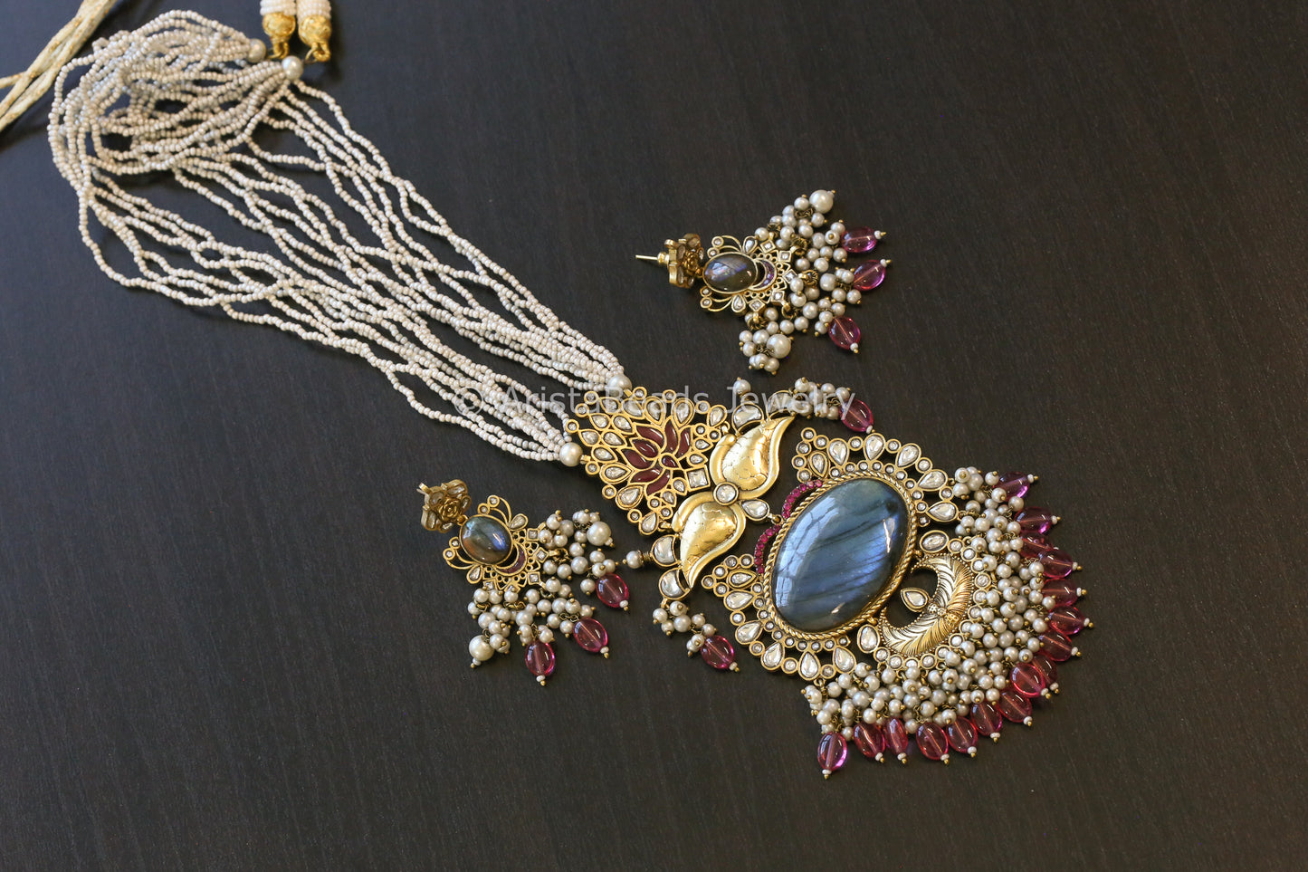 Real Labradorite Jadau Kundan Necklace Set