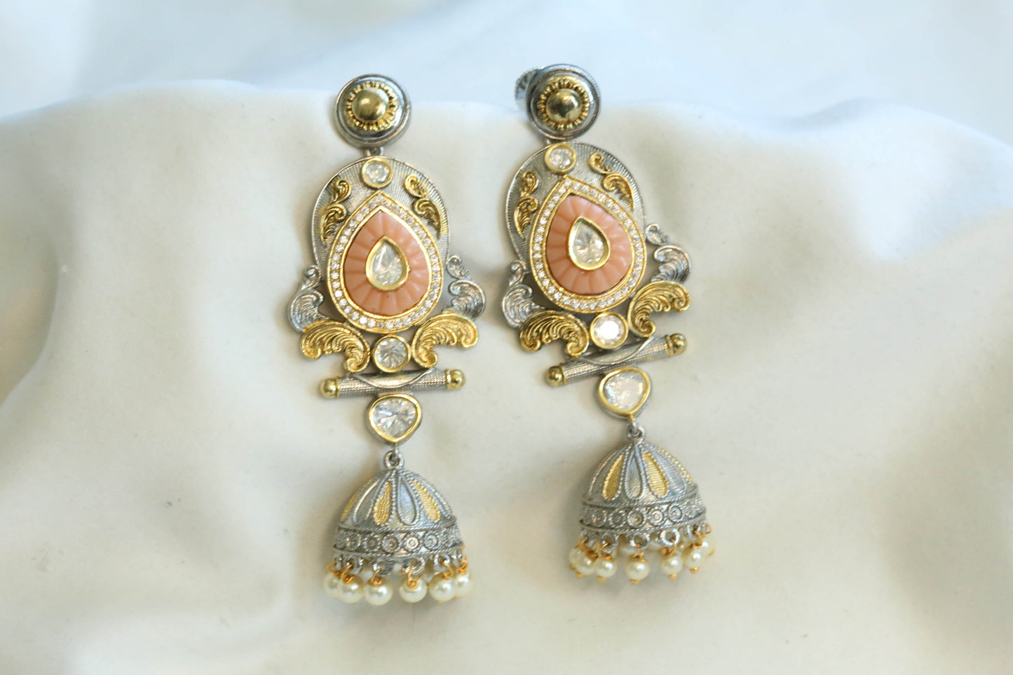 Roshini Dual Tone Carved Stone Jhumka -Coral(101-48)