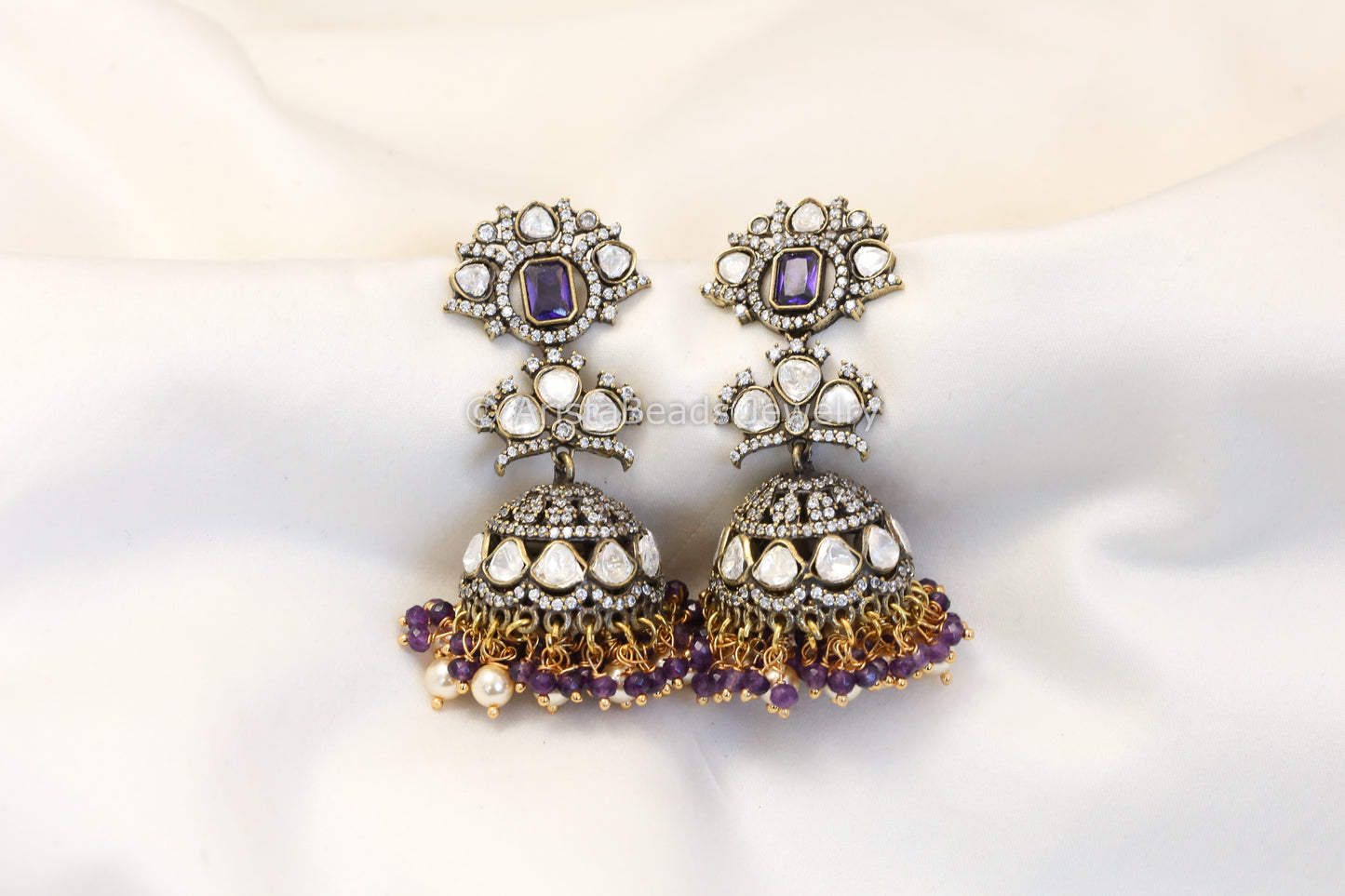 Silver Look Alike Victorian Polki Jhumka -  Purple