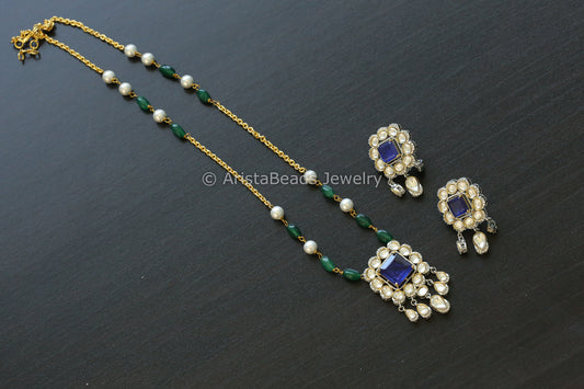 Dainty Blue Doublet Kundan Polki Set (102-45)