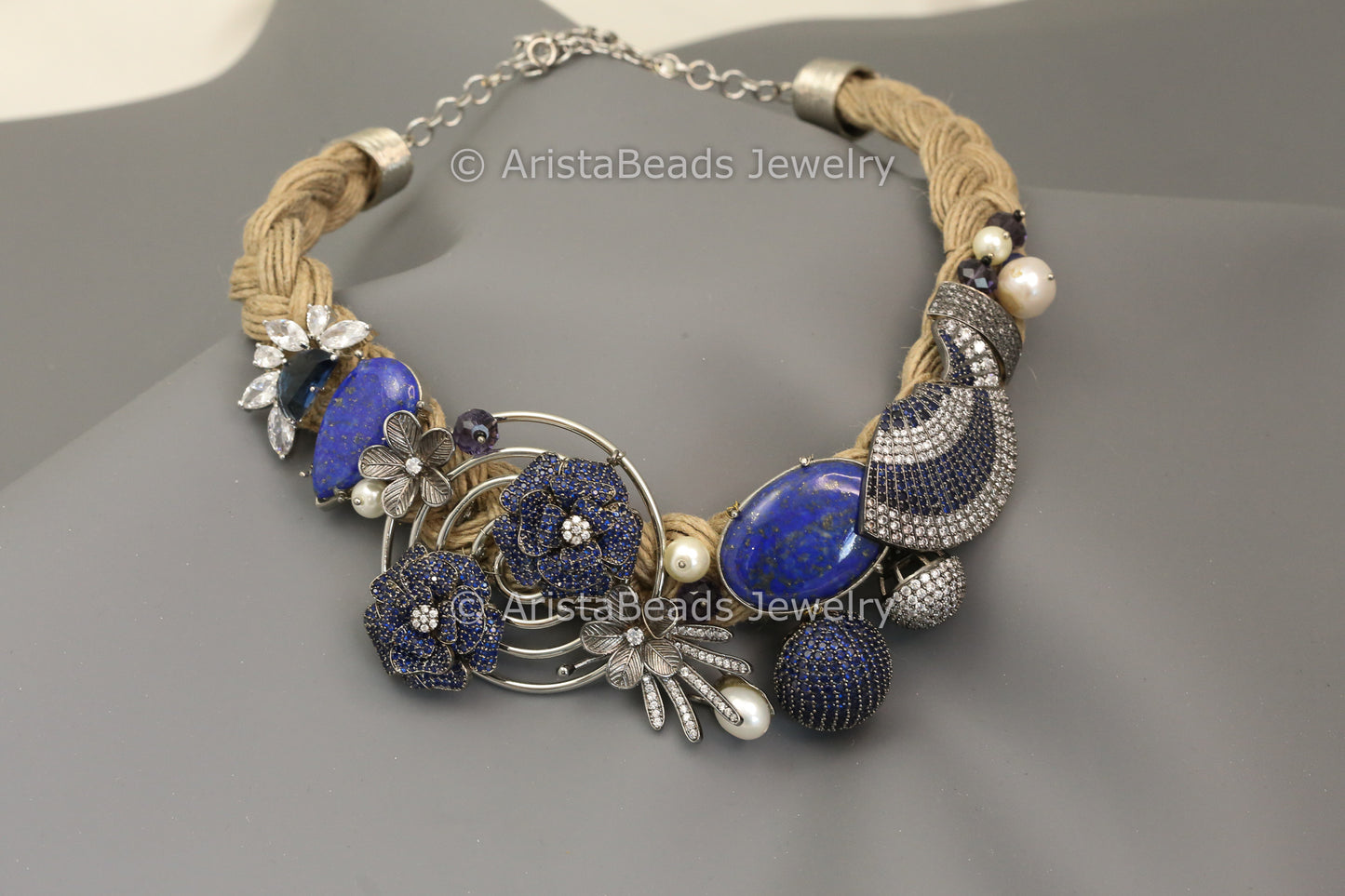 Designer Lapis, Freshwater Pearls & CZ Necklace