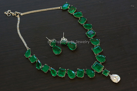 Silver Finish Green Doublet Necklace Set  (103-37)