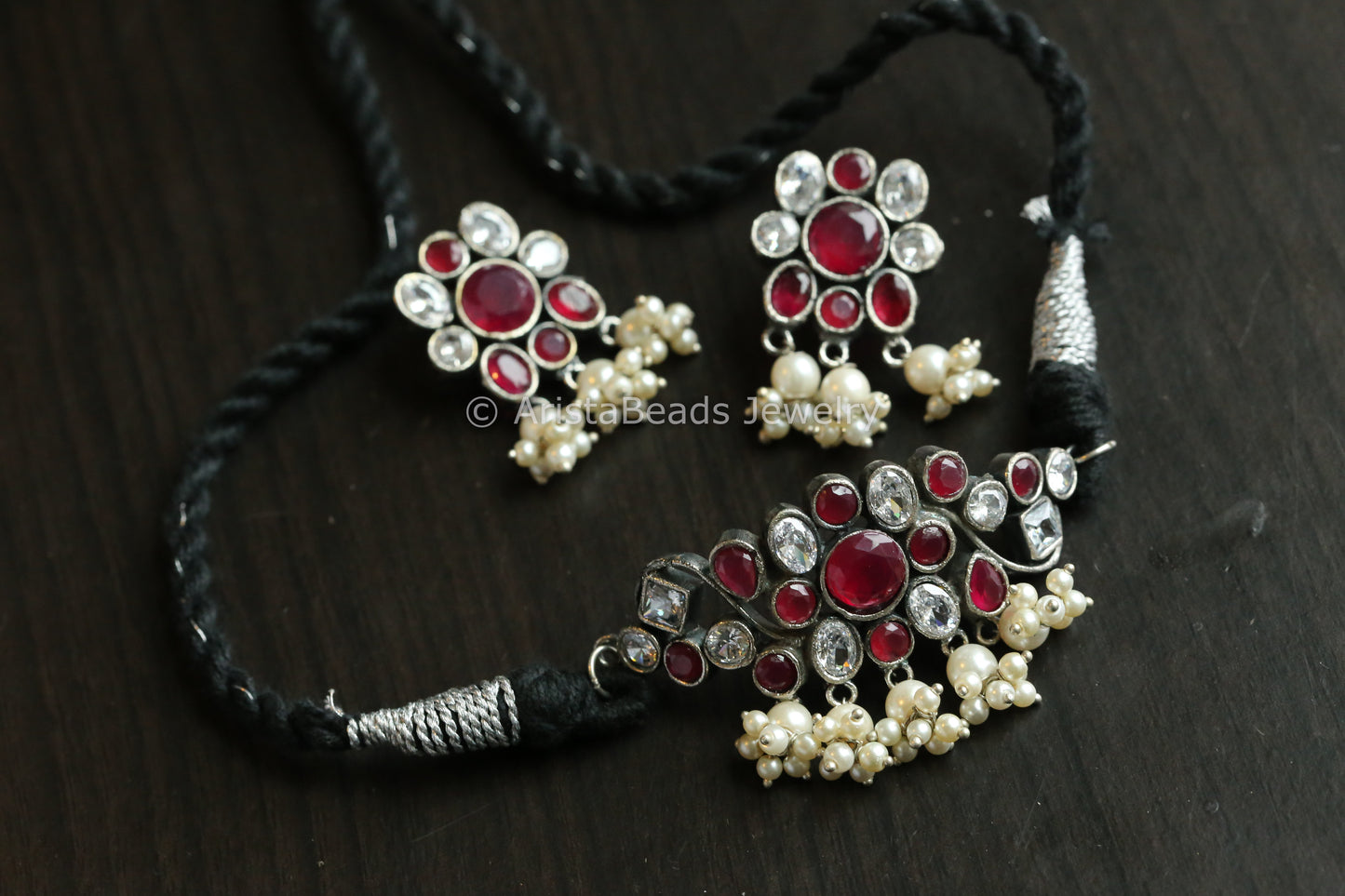 Dainty CZ & Monalisa Stones Necklace Set - Red
