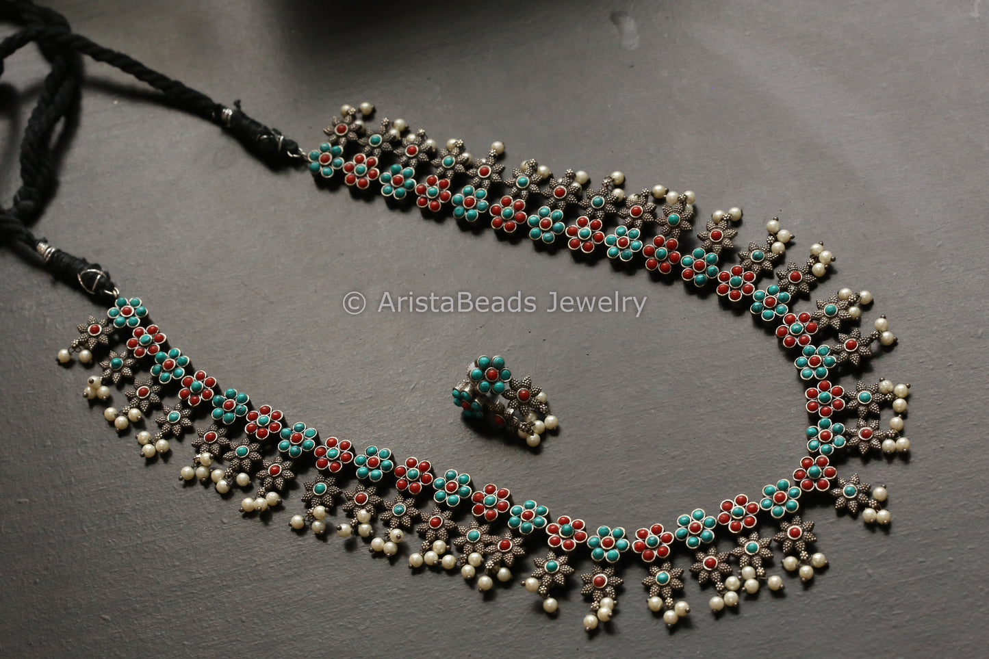 Long Turquoise Coral Oxidized Necklace Set