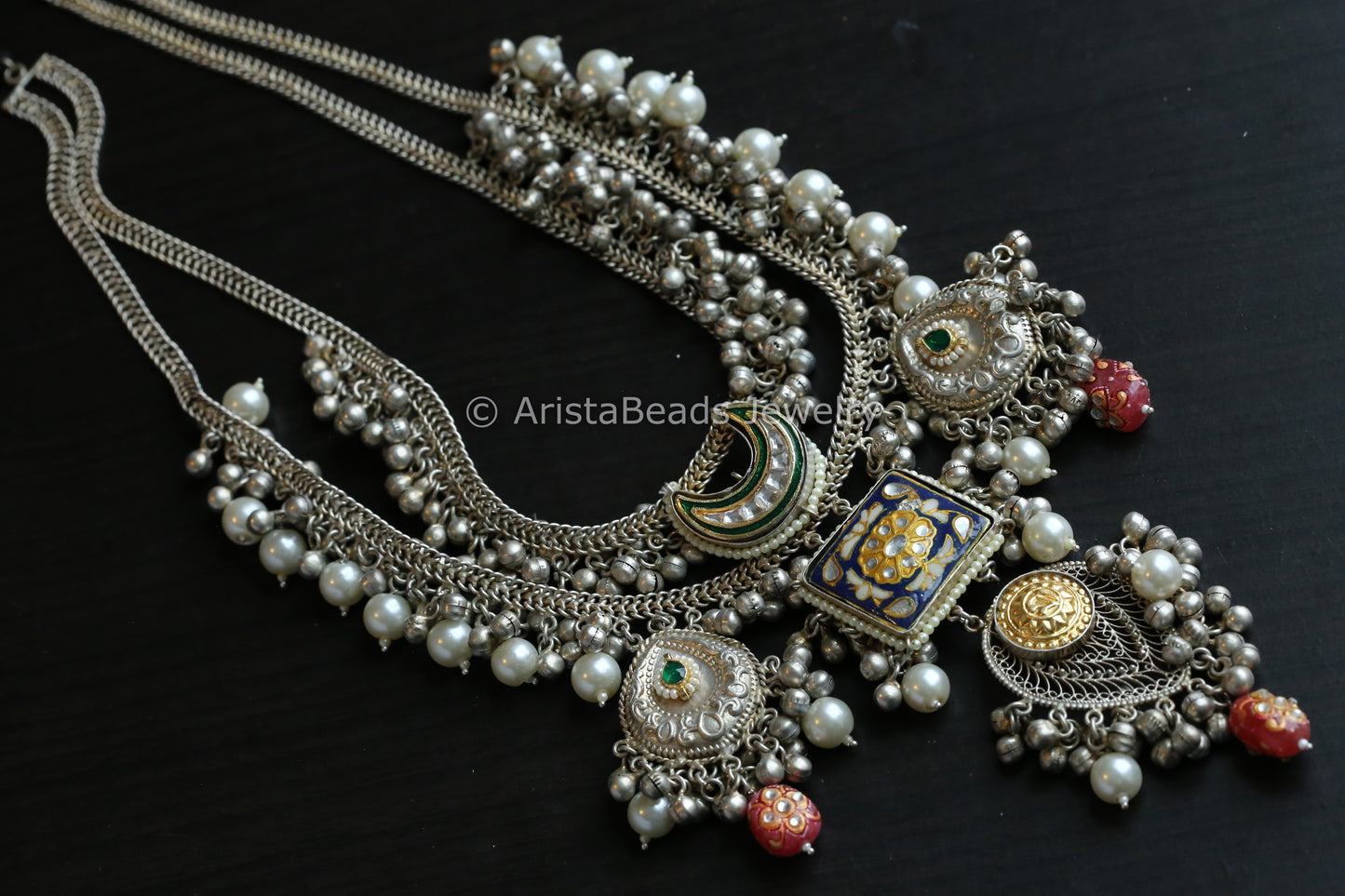 92.5 Silver Polish Kundan & Enamel Long Set - Blue Enamel