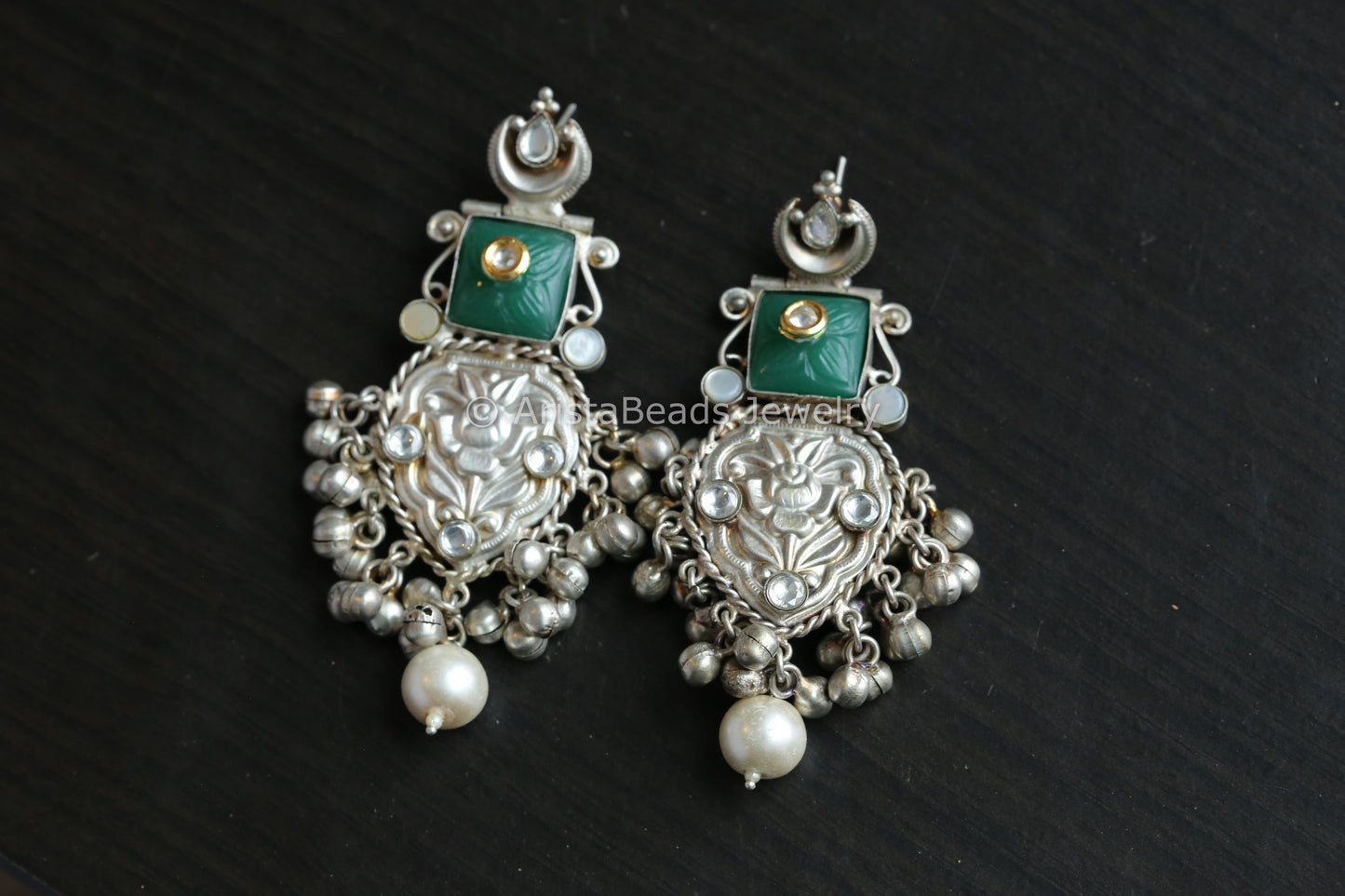 925 Silver Polish Kundan & MOP Earrings