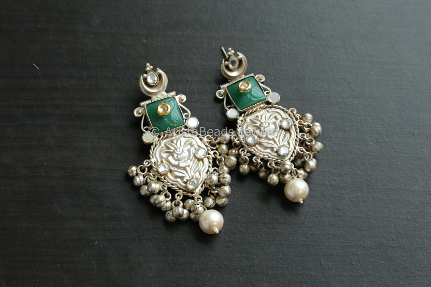 925 Silver Polish Kundan & MOP Earrings