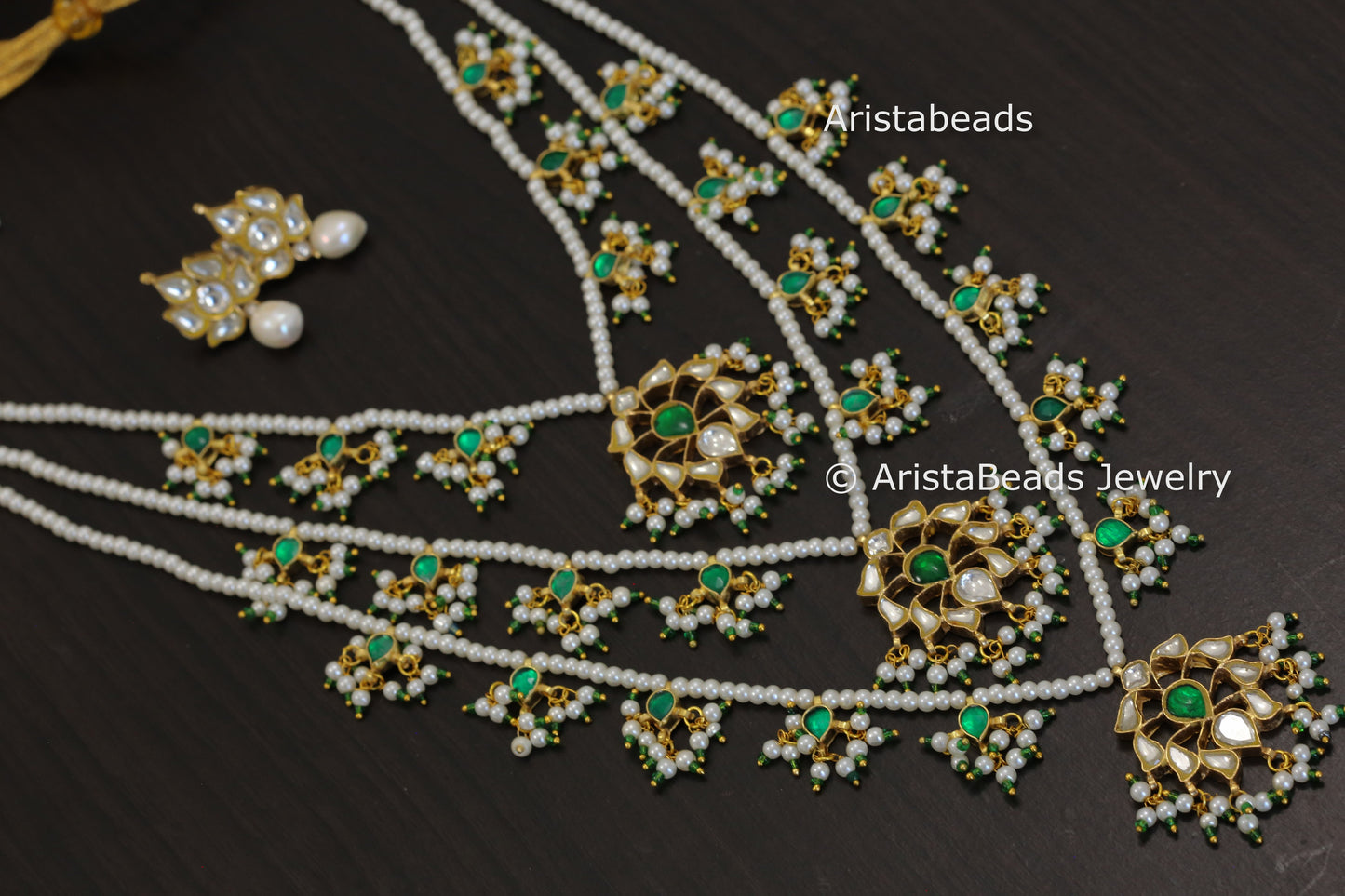 Handmade Kundan 3 Line Necklace - Green